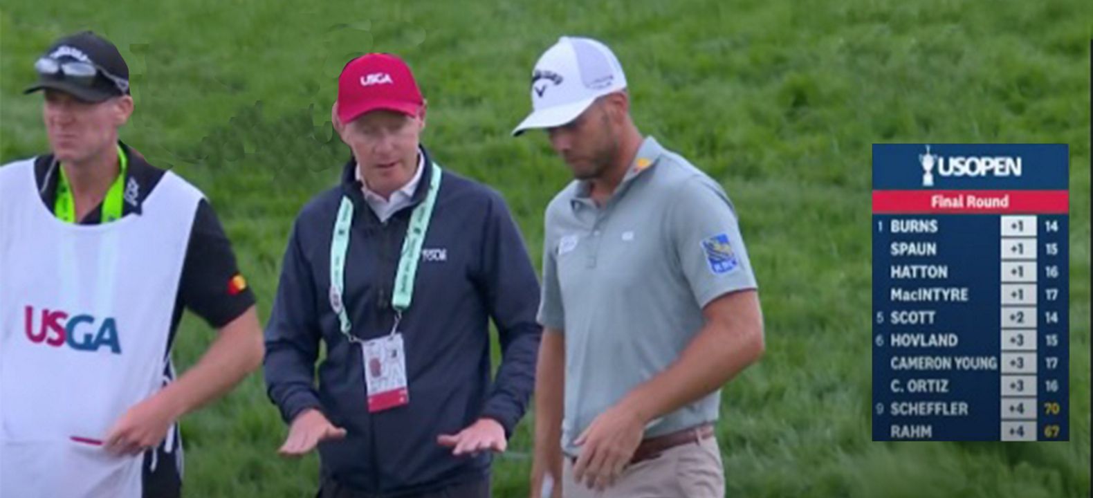 A USGA rules official evaluating a player’s shot.