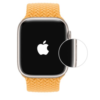 An Apple Watch with a circle around the power button