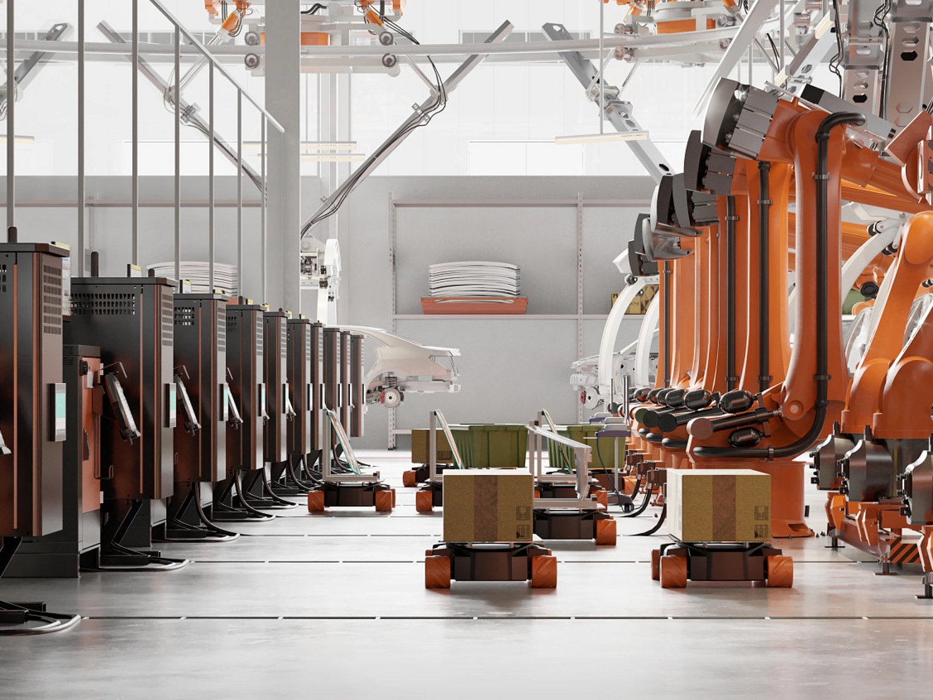 Robotic vehicles are carrying boxes in a warehouse.