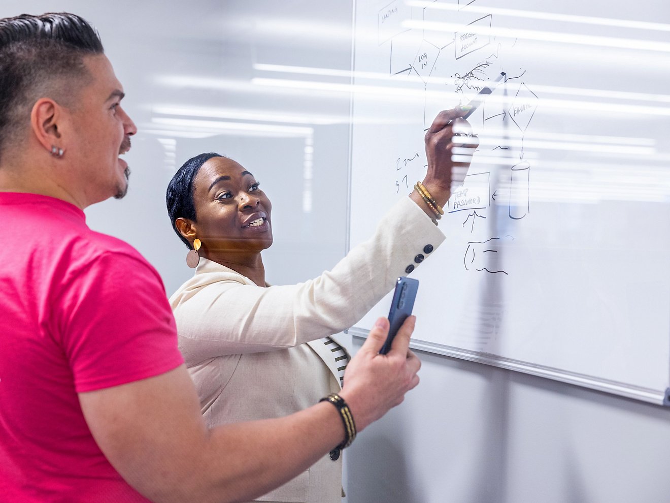 Two coworkers use the white board in a meeting room. 