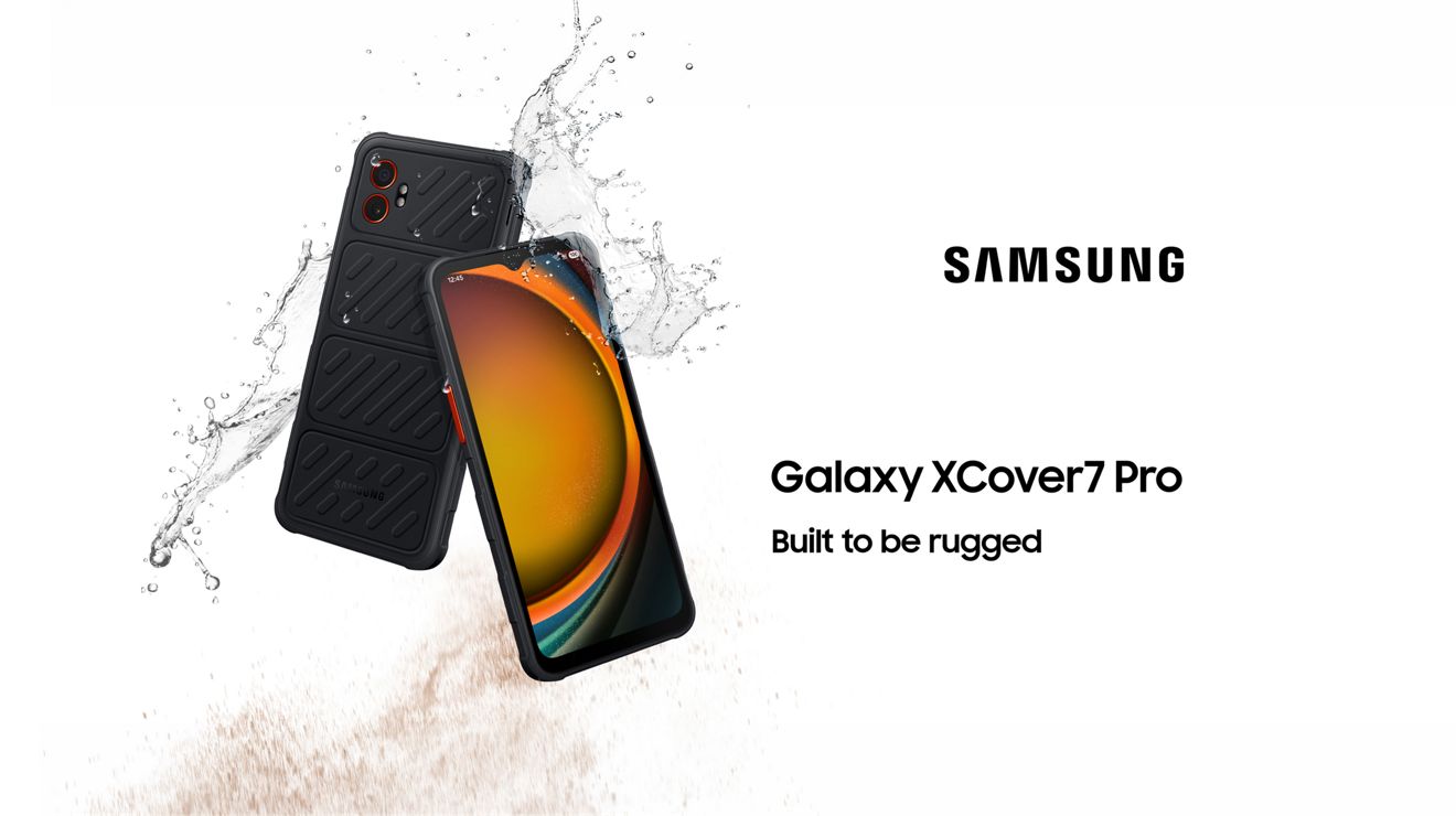 Two Samsung Galaxy XCover7 Pro phones shown front and back with water splashes, built to be rugged.