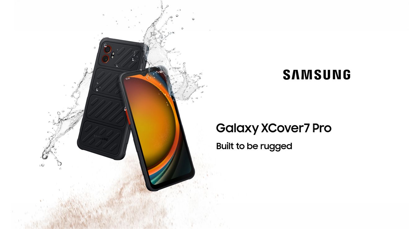Two Samsung Galaxy XCover7 Pro phones shown front and back with water splashes, built to be rugged.