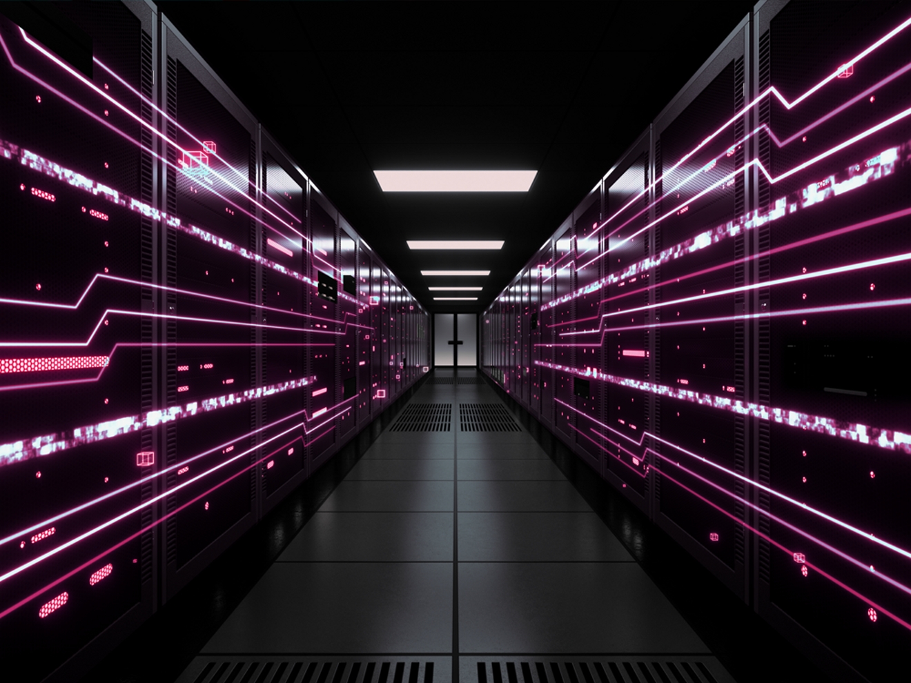 A futuristic data center with magenta lighting on the walls.