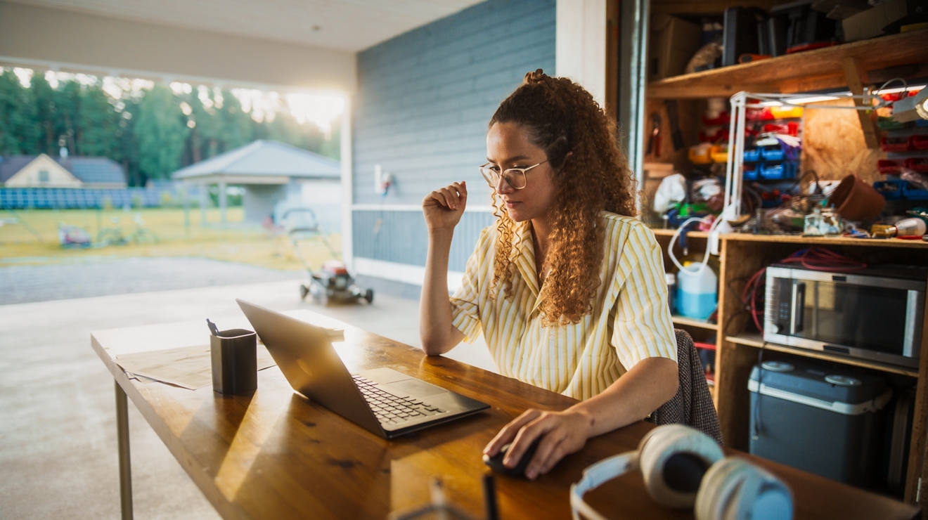 A woman sits at a desk in a garage, looking at her laptop.