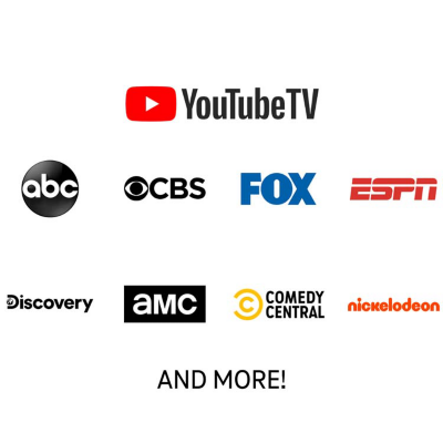 A grid of entertainment and news channel logos, including CBS, ABC, FOX, ESPN, Discovery, AMC, Comedy Central, Nickelodeon, and more