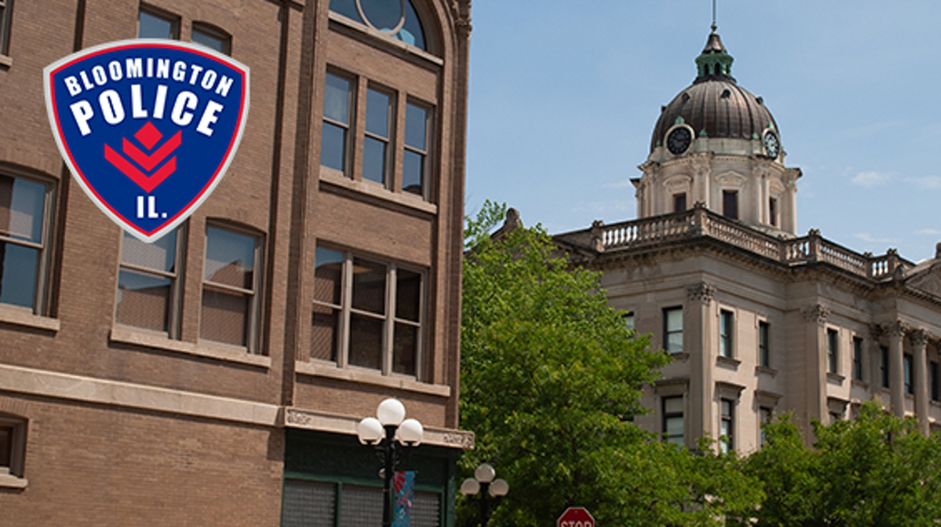Downtown Bloomington and the Bloomington Illinois Police logo.