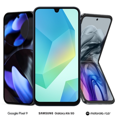 A Google Pixel 9, Samsung Galaxy A16 5G, and Motorola Razr phone.