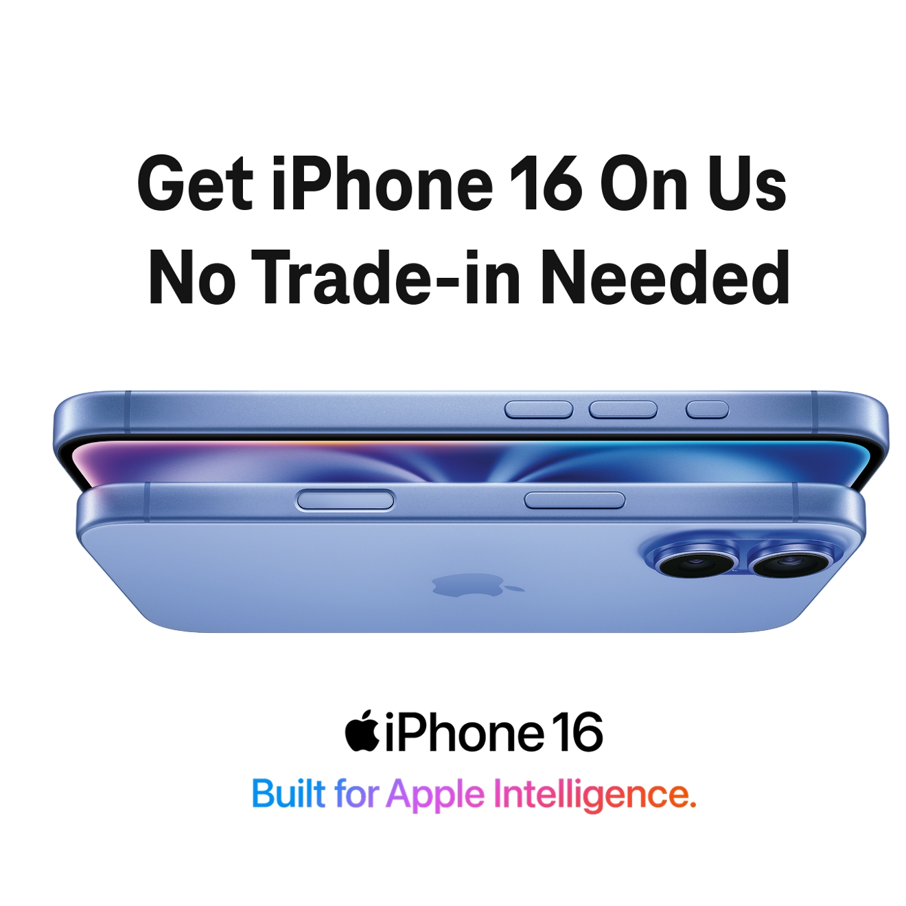 The sides of iPhone 16 are shown with Apple Intelligence available now above.