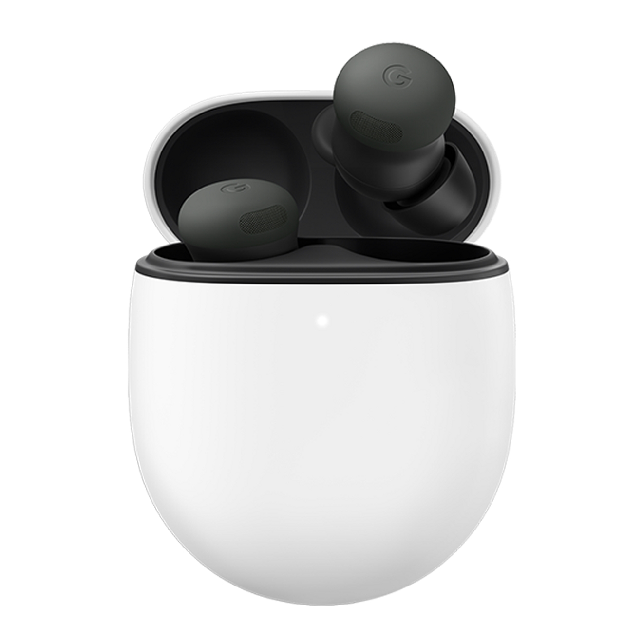 White Google Pixel Buds 2 case and black earbuds floating out
