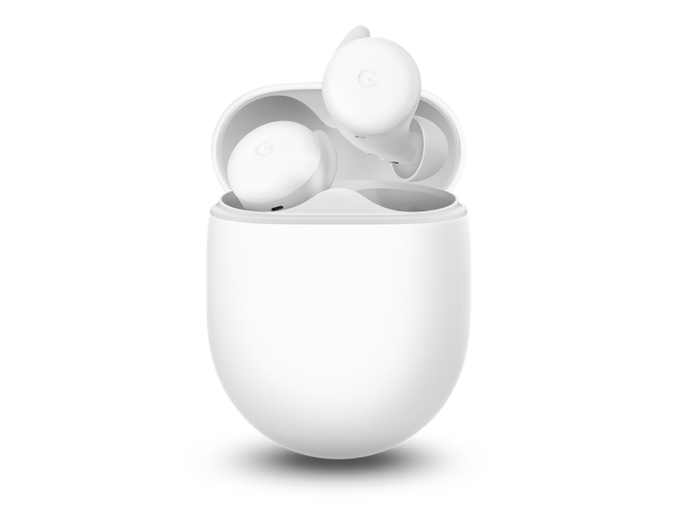 White Google Pixel A-Series case with white earbuds floating out