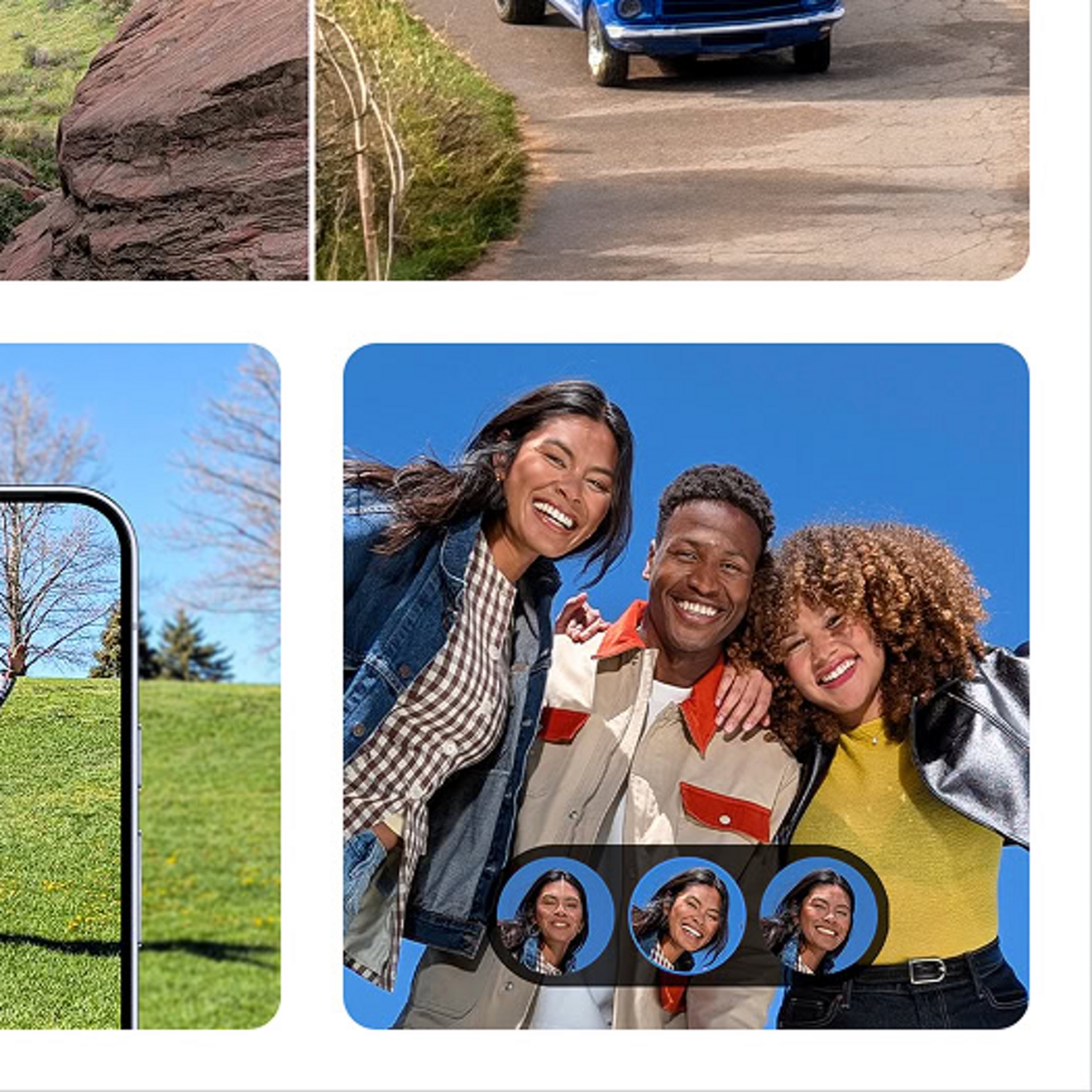 Four image tiles showcasing photo editing capabilities that feature mountain terrain, a blue car, a person playing in a field, and a group shot of three people. 