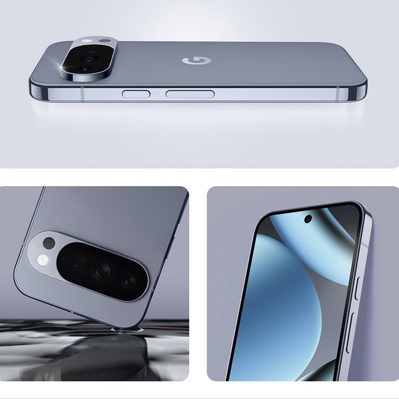 Three image tiles featuring a Moonstone Google Pixel 10 Pro laying screen side down, a corner touching liquid, and side-angled view of the screen.