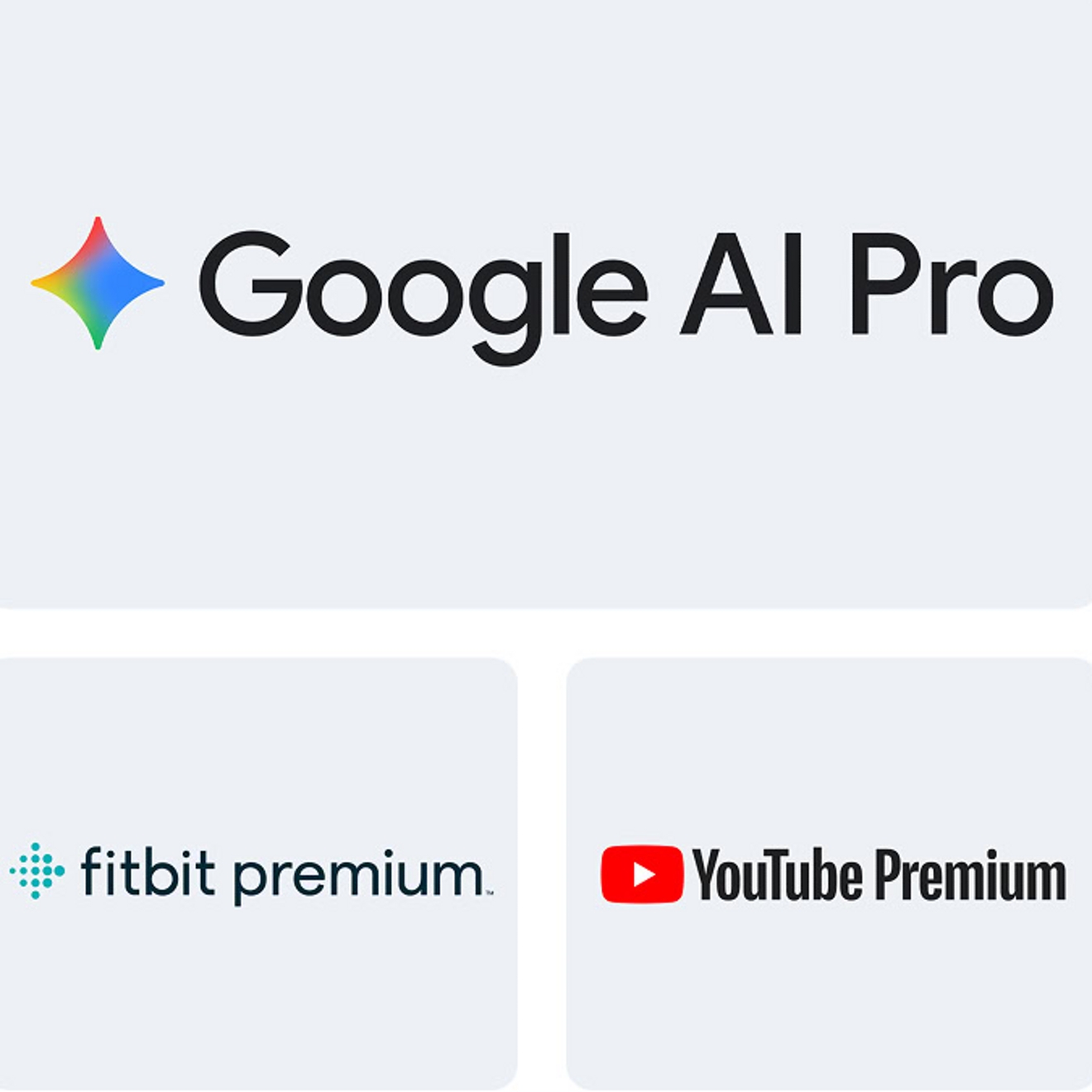 Three image tiles feature logos for Google AI Pro, Fitbit Premium, and YouTube Premium.
