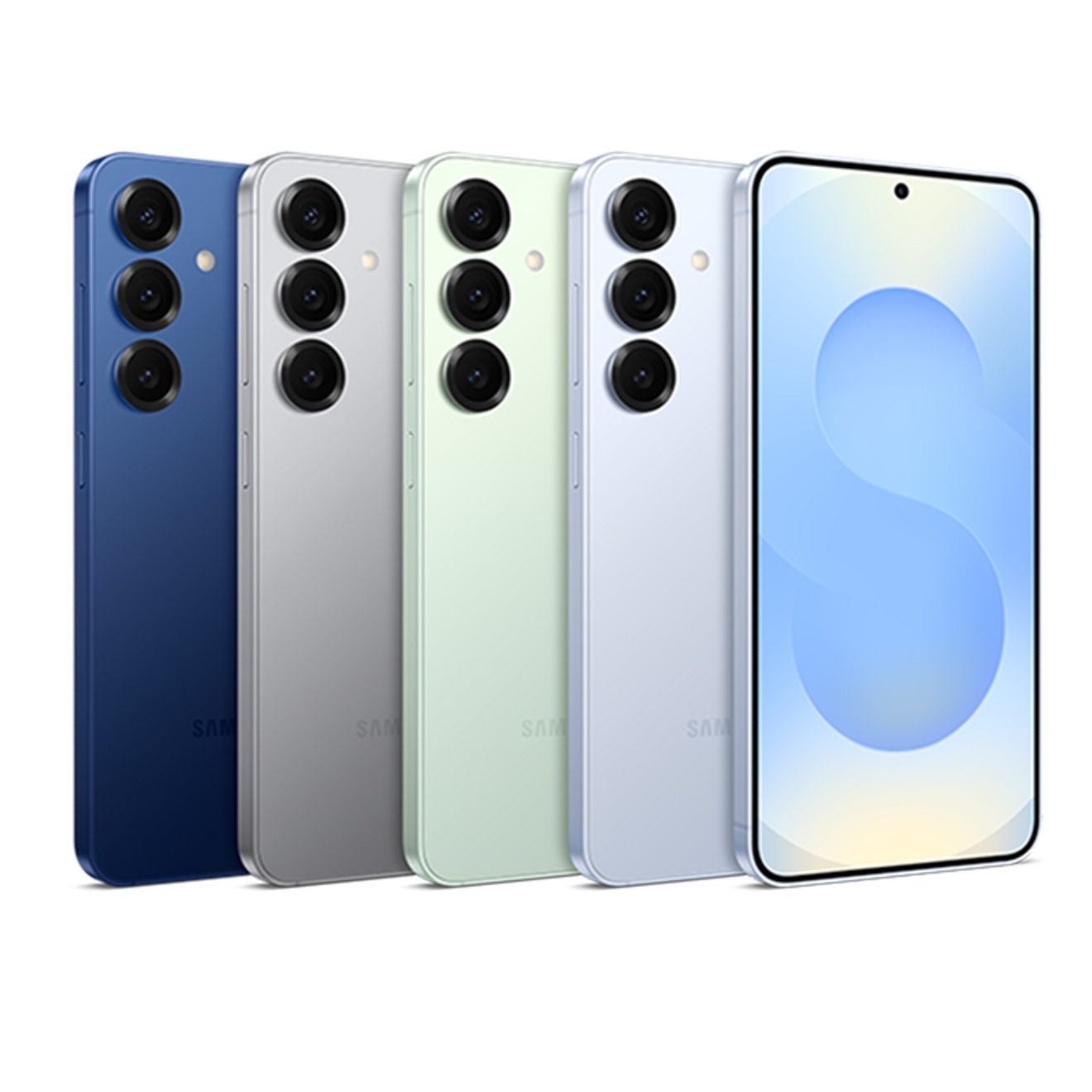 Five Samsung Galaxy S25 phones are displayed, showing four rear views in different colors and one front view with a centered punch-hole camera and stylized “S” screen.