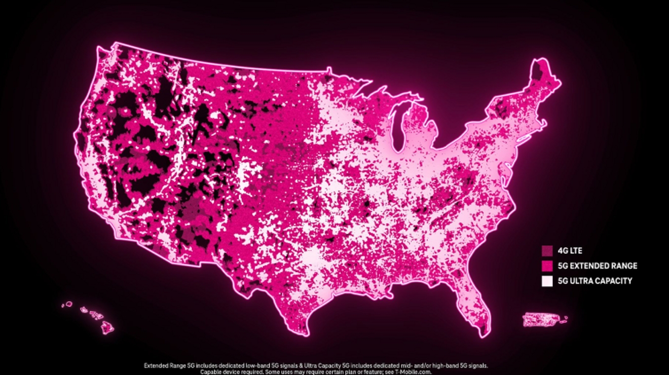 A United States map of T-Mobile’s 4G LTE, 5G Extended Range, and 5G Ultra Capacity coverage. 