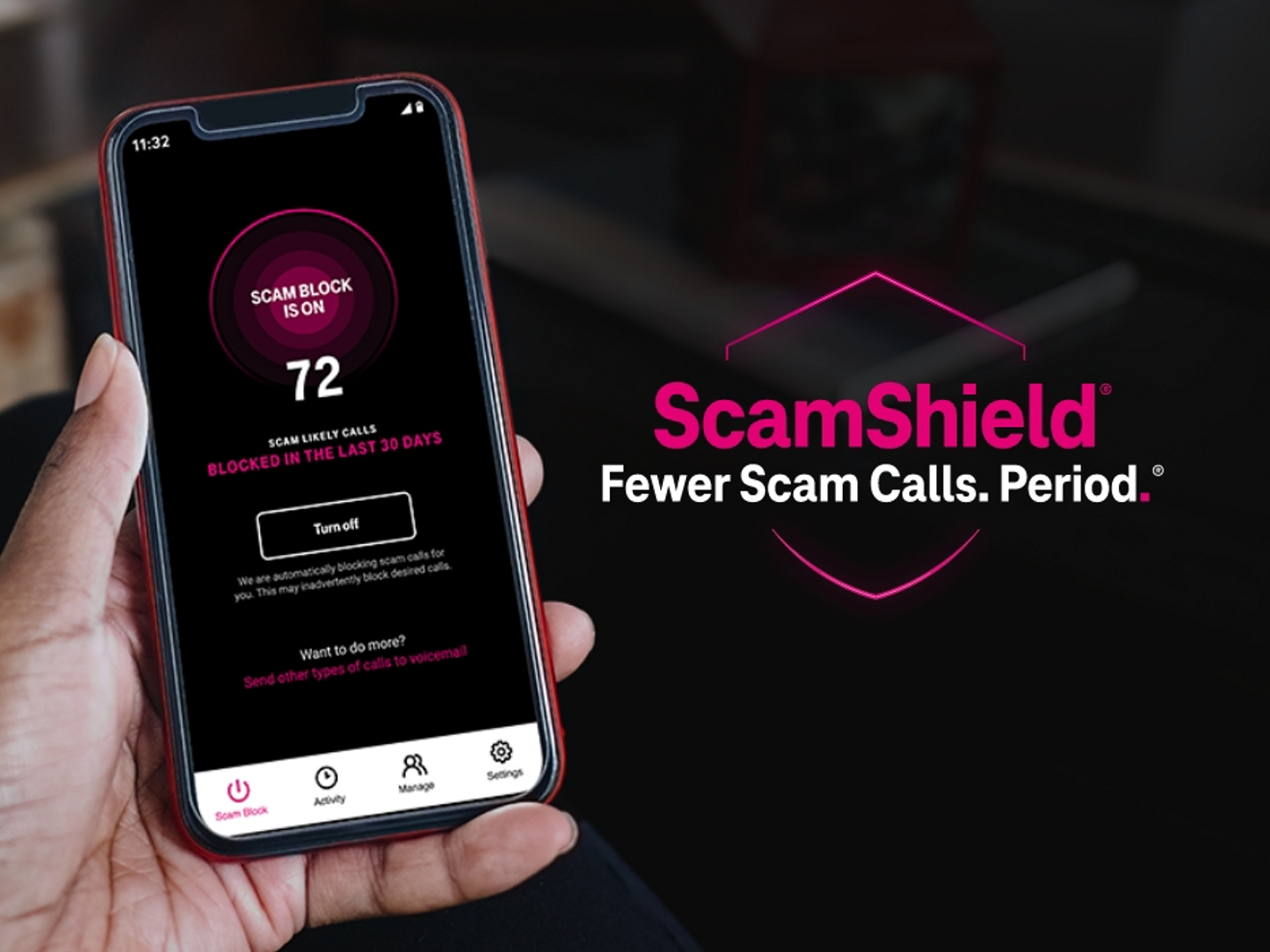 A hand holding a phone, showing the blocked calls feature on the screen, next to the ScamShield logo