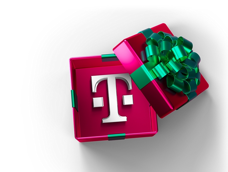 A T-Mobile logo inside a red box wrapped with a green bow.