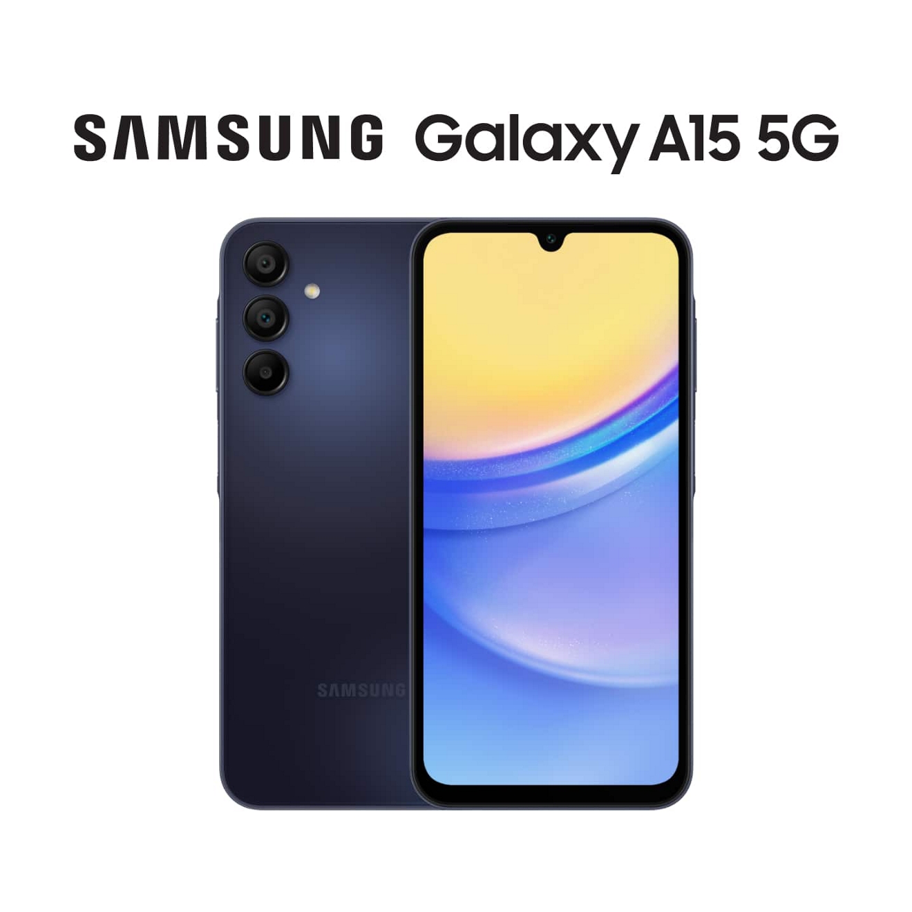 Two blue Samsung Galaxy A15 5G devices shown back and front. 