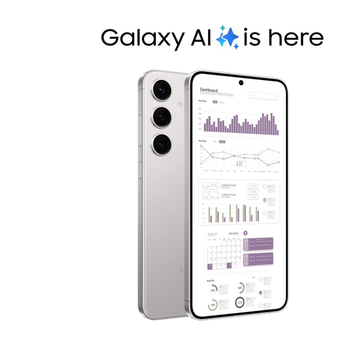 Two Marble Gray Samsung Galaxy S24+ devices shown back and front displaying dashboard UI below the Galaxy AI is here logo.