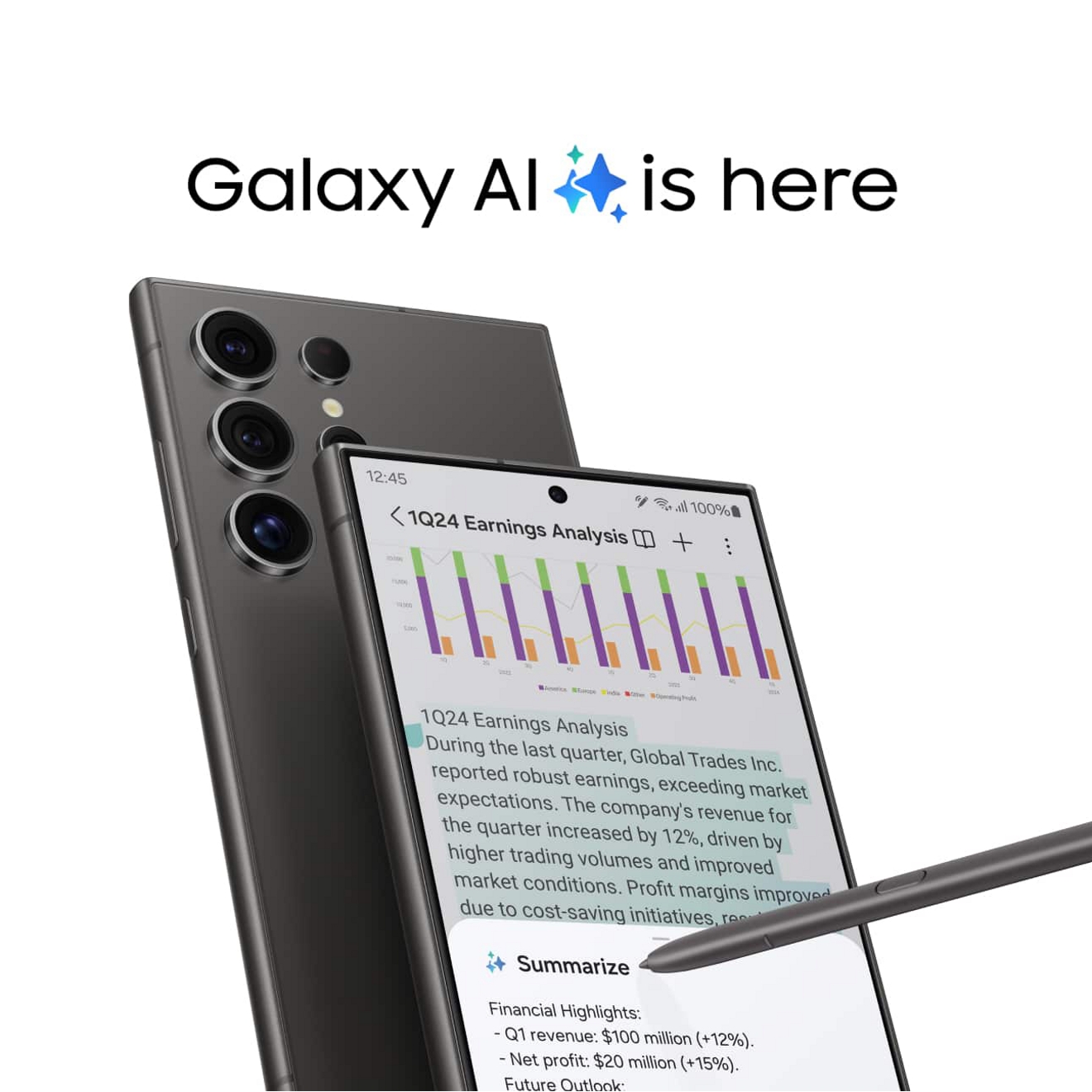 Under a Galaxy AI is here logo, two marble gray Samsung Galaxy S24 Ultra devices, one displaying dashboard UI.