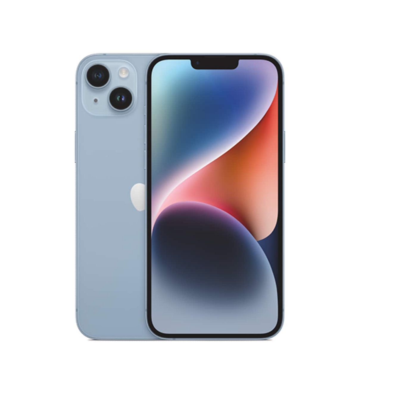 Two blue iPhone 14 devices shown back and front.