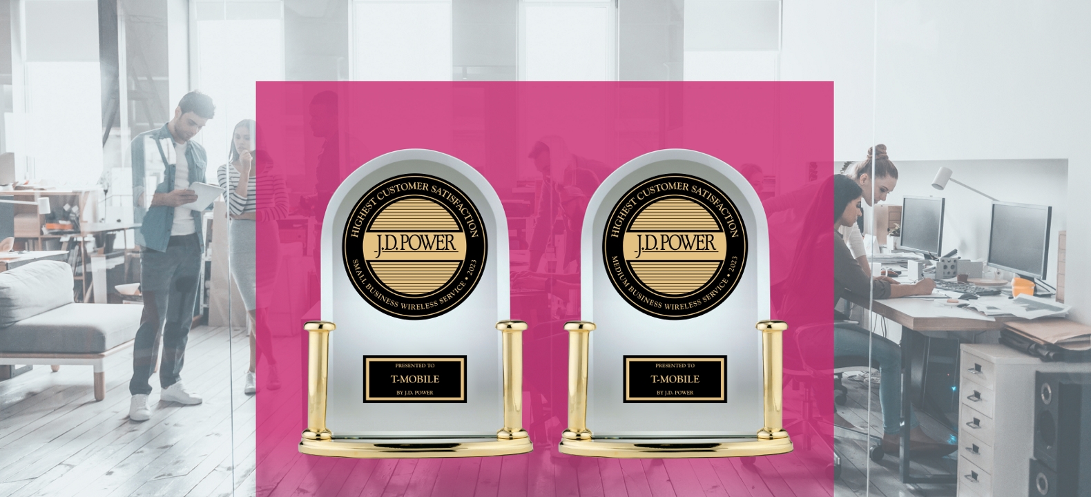 2 J.D. Power highest customer satisfaction awards for small & medium business wireless service & an office in the background.