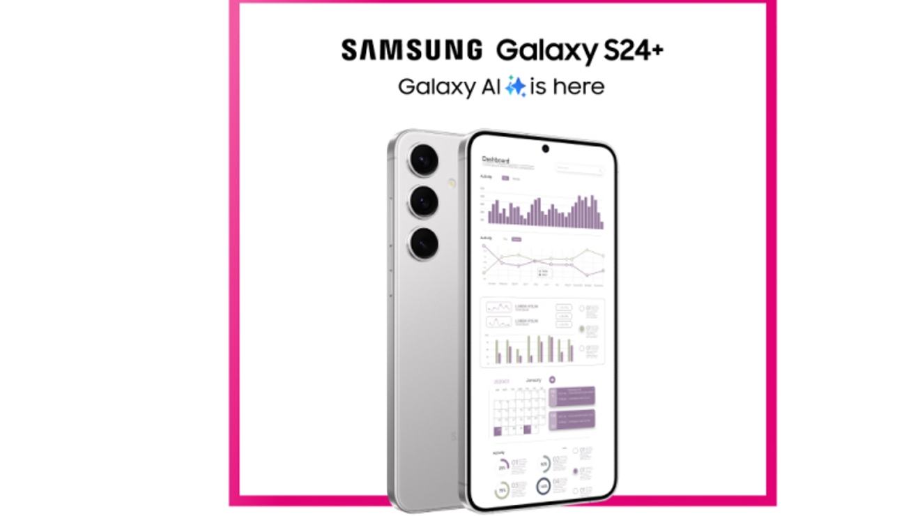 Two Marble Gray Samsung Galaxy S24+ devices shown back and front displaying dashboard UI.