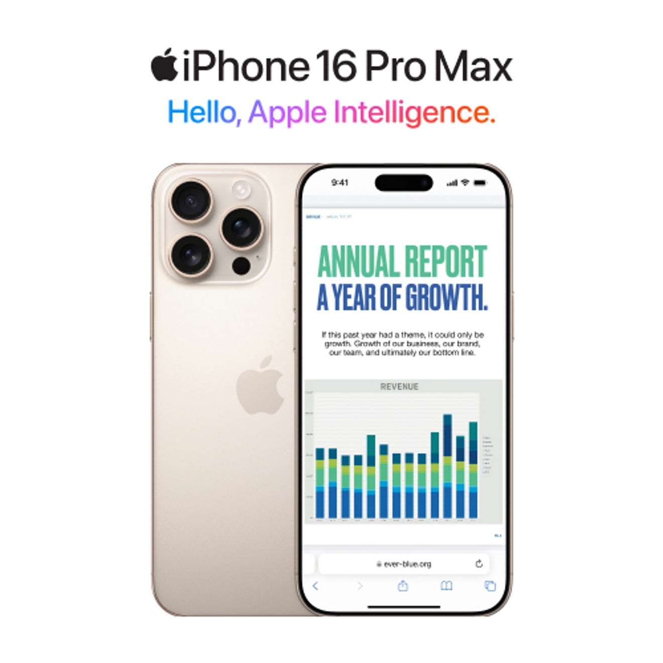 Two iPhone 16 Pro Max devices, shown front and back.
