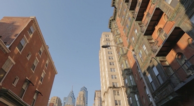 Ground view of a city landscape.