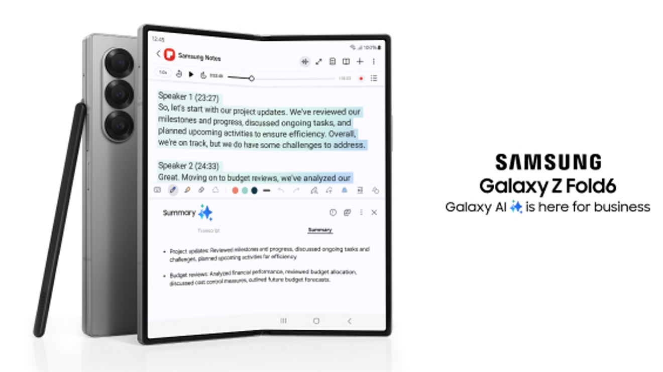 Two Samsung Galaxy Z Fold6 phones front and back. Galaxy AI is here for business.