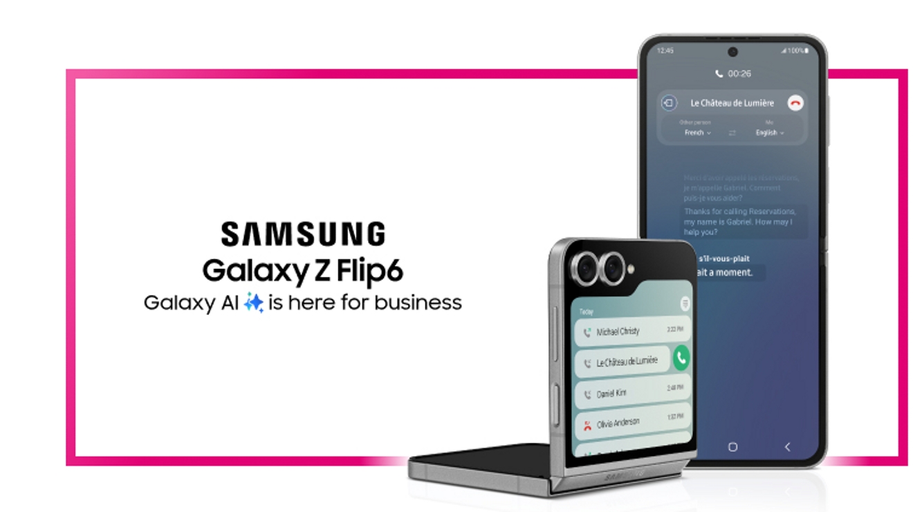 Two Samsung Galaxy Z Flip6 phones, one extended and one flipped in half. Galaxy AI is here for business.