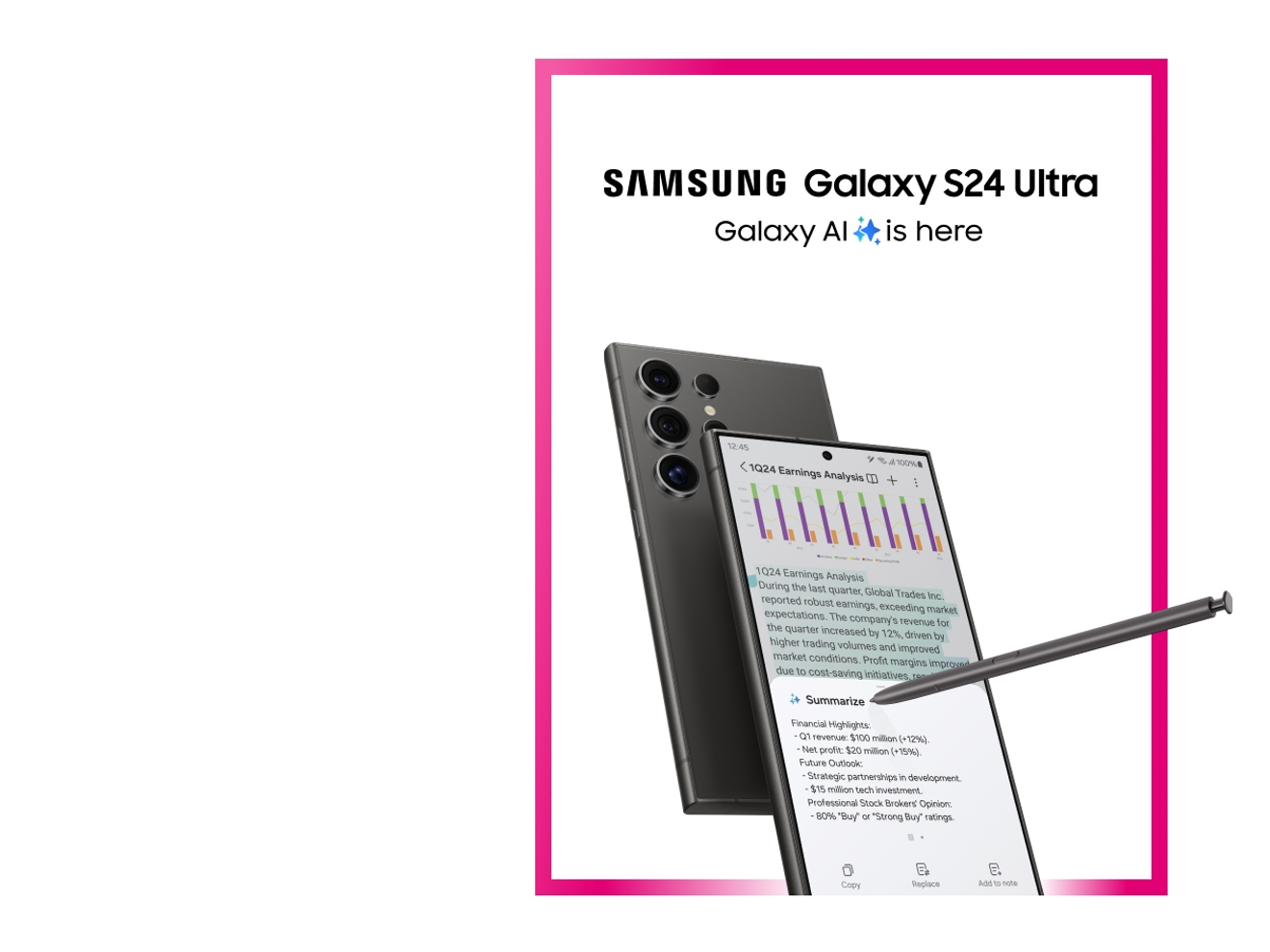 Two Galaxy S24 Ultra, shown front with the Galaxy AI for business UI and back with camera lenses.