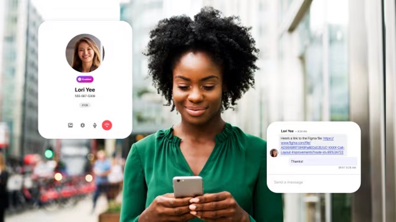 Professional on a city street uses Dialpad on her smartphone to quickly reach a colleague.