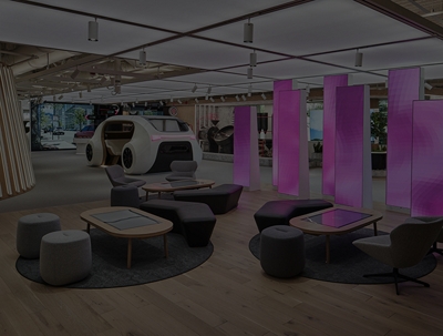 Modern, open-concept interior at an Executive Briefing Center.