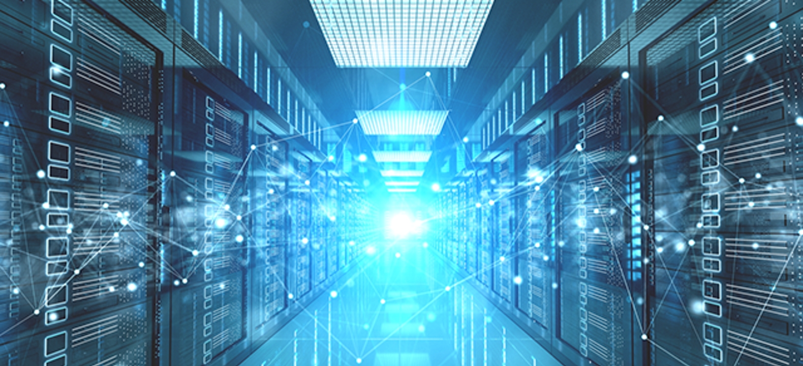 Server hall with blue lighting
