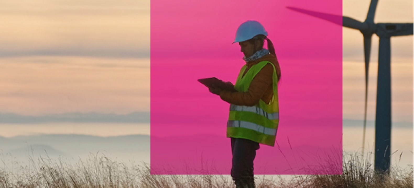 A wind energy engineer checks her tablet on a wind farm at dawn.