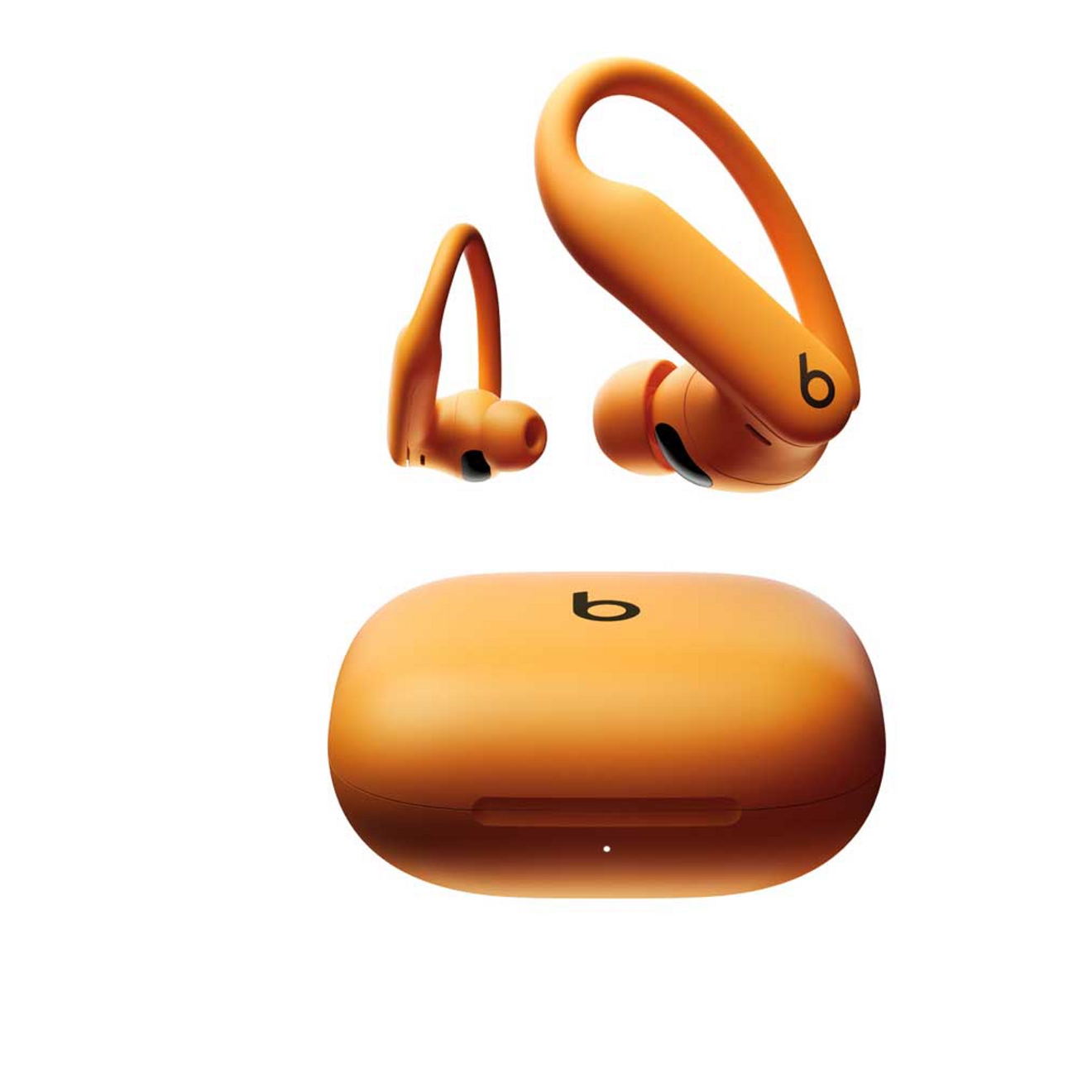 Two orange Beats PowerBeats Pro 2 headphones floating in the air over their orange case.