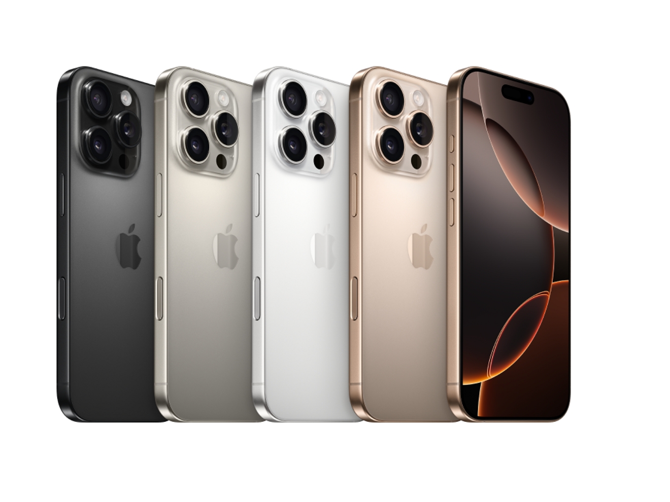 Four iPhone 16 lined up in the colors black, gold, white, and rose gold.