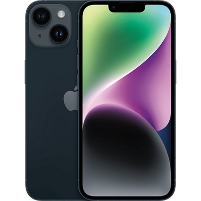 iPhone 14 in midnight, front and back views shown.