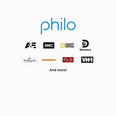 Logos for Philo, A&T, AMC, BET, Discovery, Hallmark, Lifetime, Nickelodeon, Paramount Network, TLC and VH1.