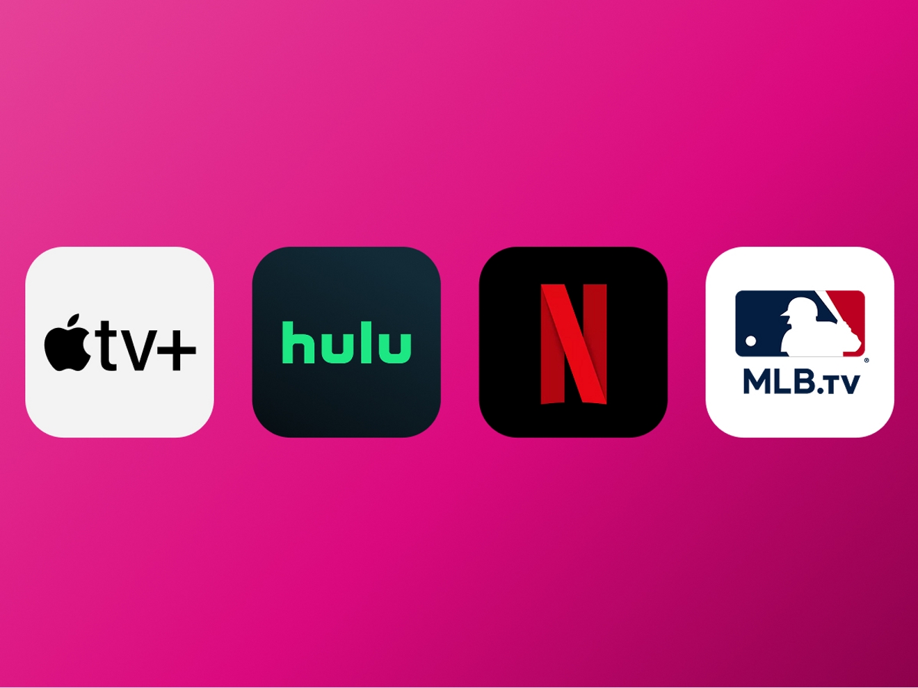 Apple TV+, Hulu, Netflix, and MLB.tv logos pictured