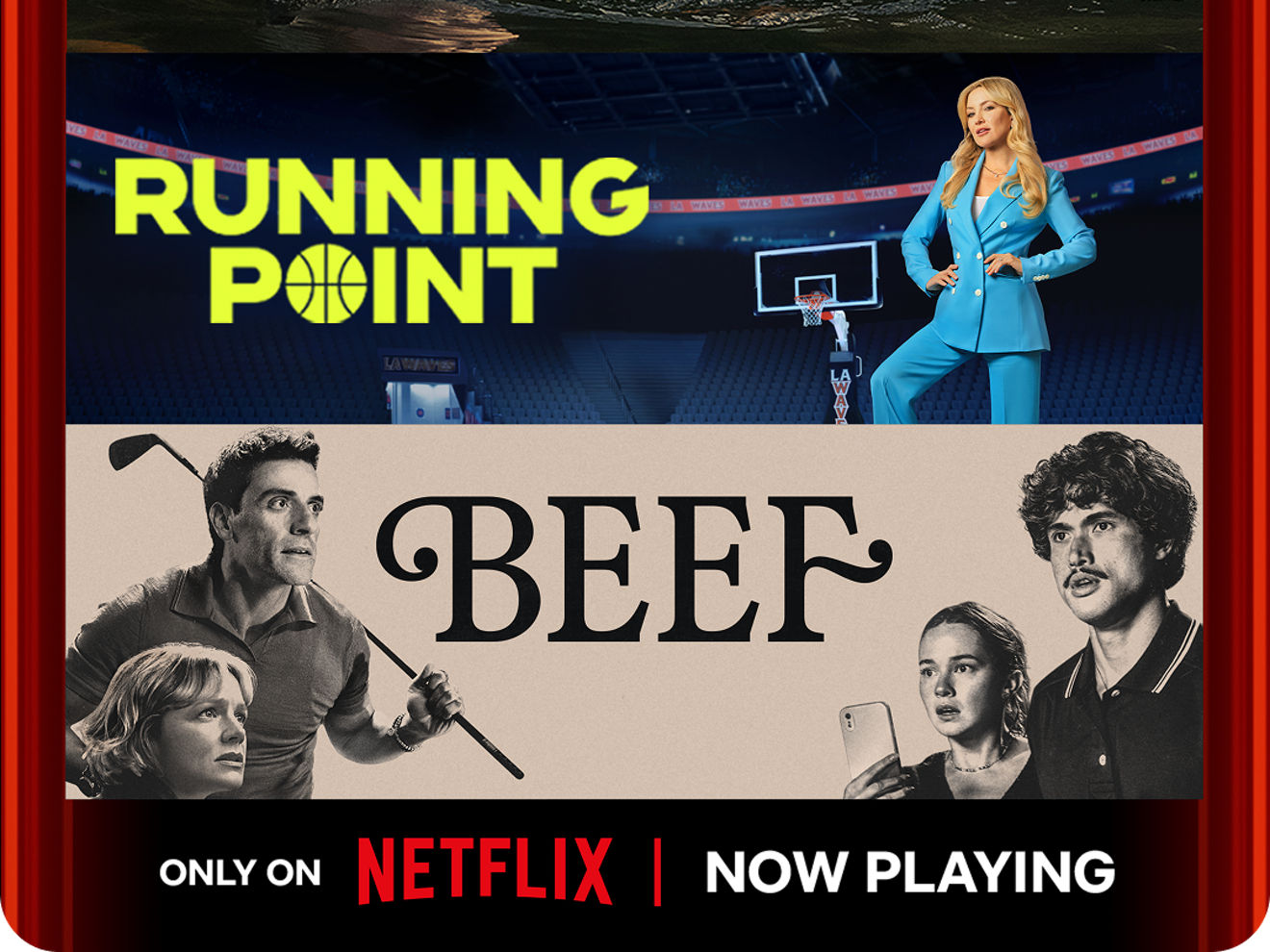 Promo artwork for Apex, Running Point, and Beef, now playing only on Netflix.