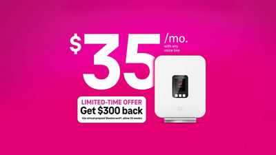 A T-Mobile 5G Gateway router and the text, '$35 per month with any voice line; limited-time offer get $300 back via virtual prepaid Mastercard®, allow 10 weeks.’ 