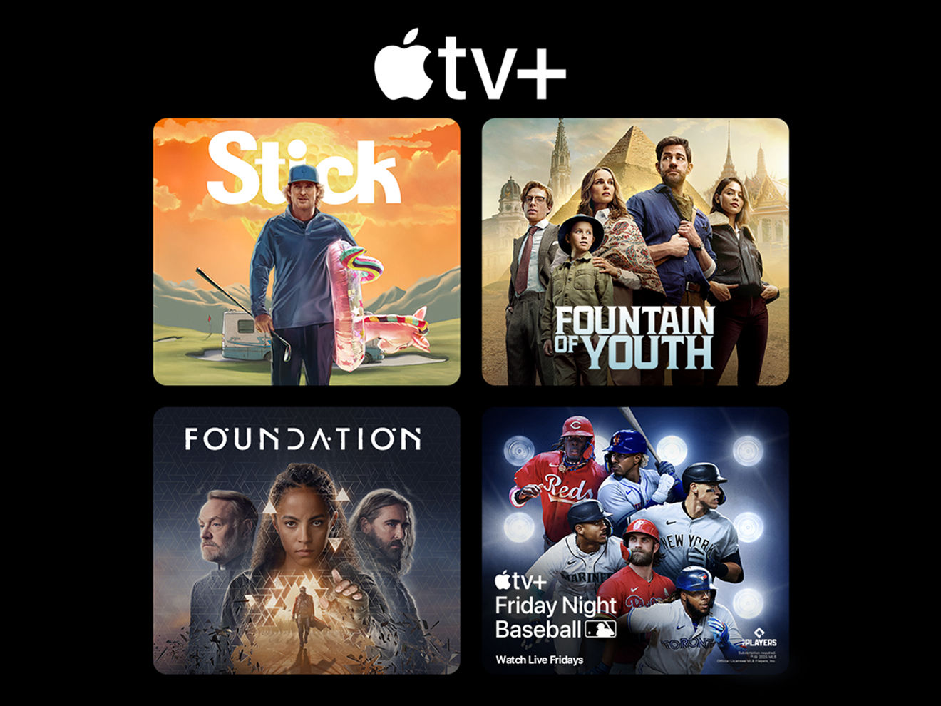 Promotional images for Stick, Fountain of Youth, Foundation, and Friday Night Baseball.