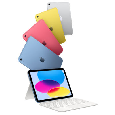 Family of colorful iPad (A16) floating with Apple iPad logo above it