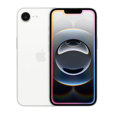​Two floating white iPhone 16e showing front and back