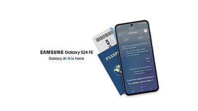 A Samsung Galaxy S24 FE with Galaxy AI and Live Translate, over a passport and boarding pass.