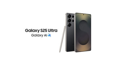 Two titanium black Samsung Galaxy S25 Ultra devices with Galaxy AI, shown front and back.
