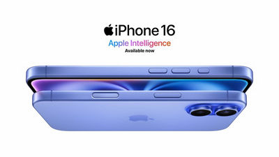 A horizontal side view of two iPhone 16 devices, showing camera lenses, buttons, and ports.