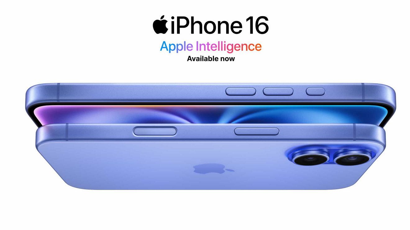 Horizontal side views of two Apple iPhone 16 devices; Apple Intelligence available now.